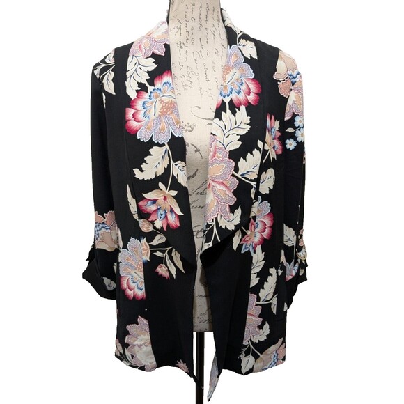 Chicos Blazer 2 12/14 Black Pastel Bold Floral Business Cocktails Worship - Picture 1 of 10
